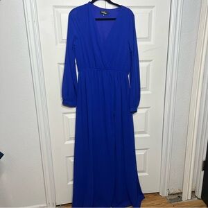 Lulus Blue Maxi Dress | Size XL | Long Sleeve | Side Slit | Elegant Flowing